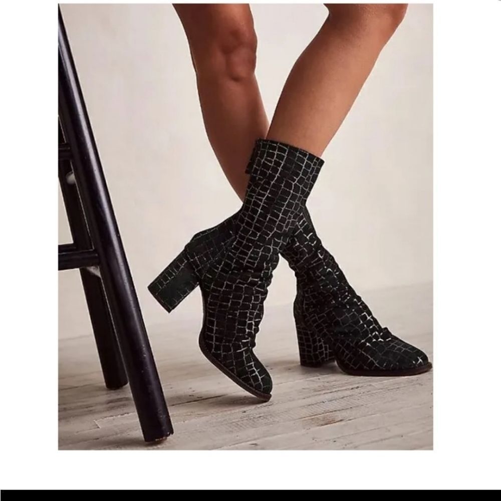 Free People Black Croc-Embossed Block Heel Booties